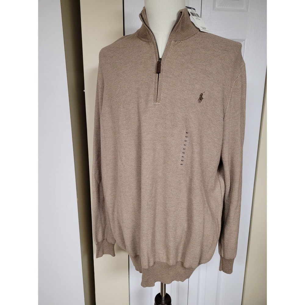 Polo Ralph Lauren Mens XLT Estate Tan Pima Cotton 1/4 Zip Textured Sweater NEW